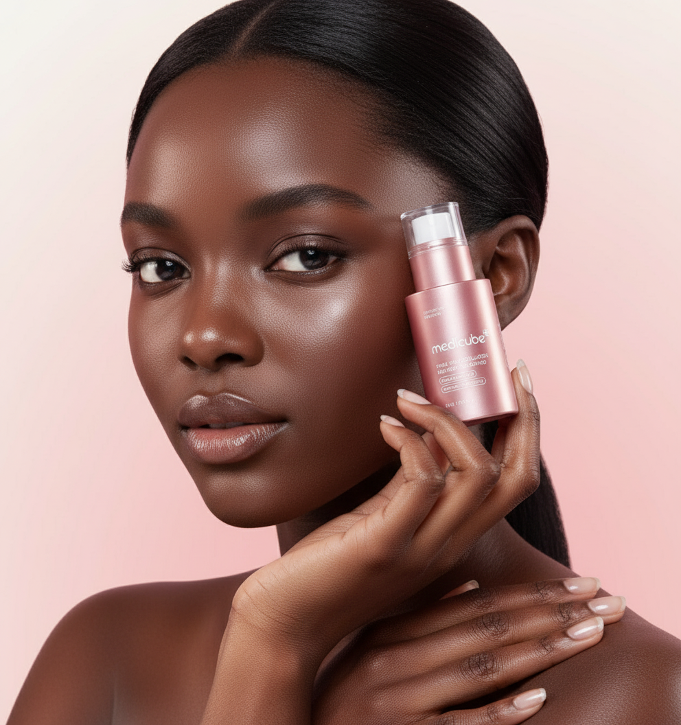 Beautiful Black woman with glowing skin holding pink skincare serum by the side of her eye