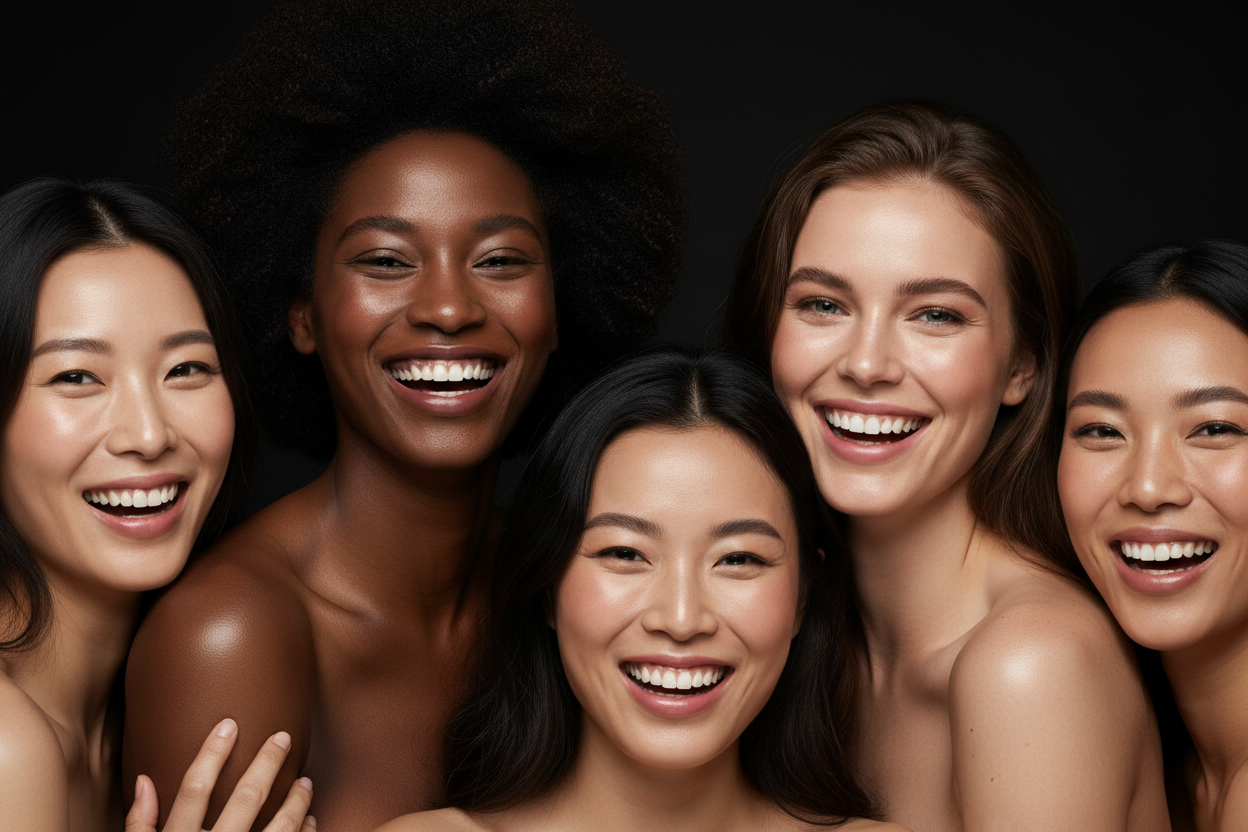 Beautiful diverse women with glowing skin on black background
