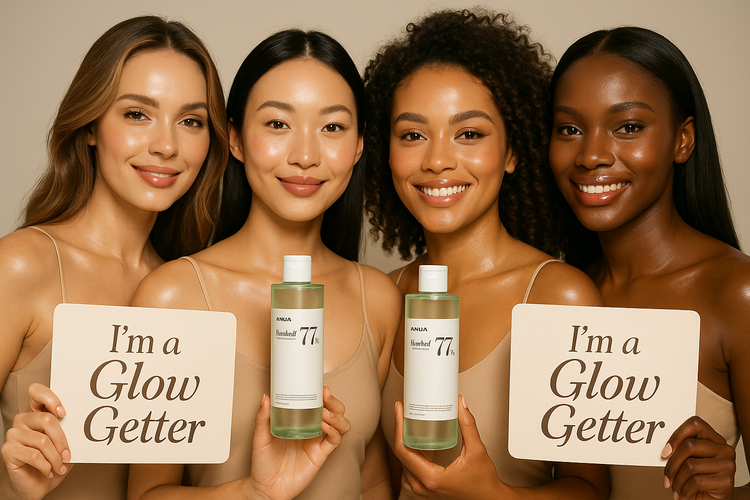 Let the women in the middle hold the same same bottles written anua that are real and sold on the internet and we should see what is written on them 