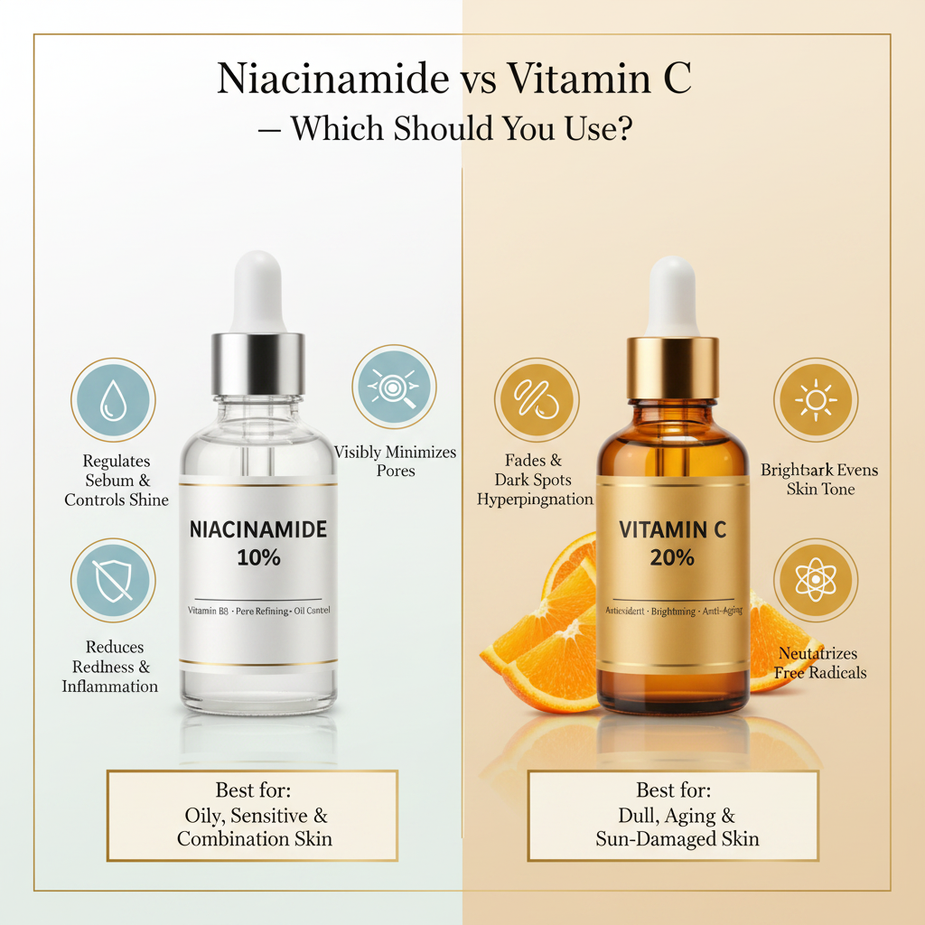 Niacinamide vs Vitamin C — Clean Square Infographic