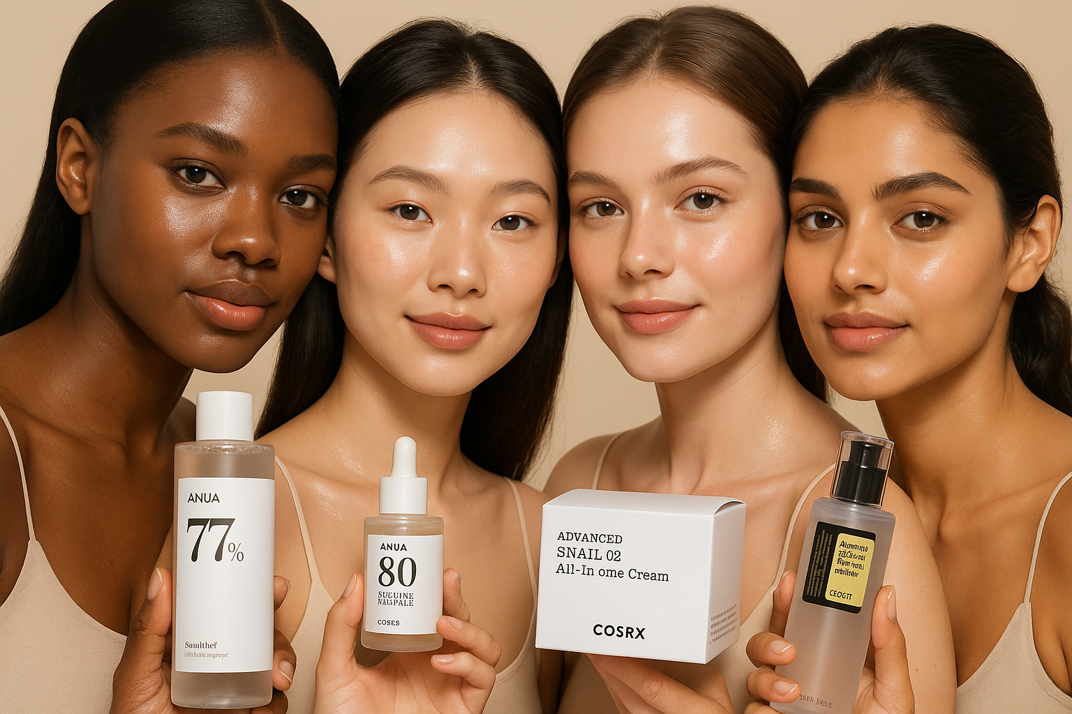 Ultra high quality professional beauty photography of 4 beautiful diverse models with radiant, glowing, dewy skin holding ANUA and COSRX skincare products with bold, clear text